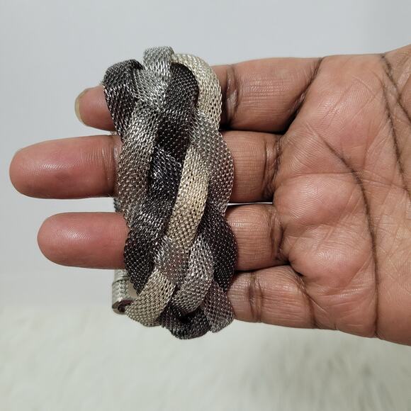 Womens Silver Gray Gunmetal Wide Mesh Bangle Wrap Magnetic Braided Bracelet - Picture 4 of 6